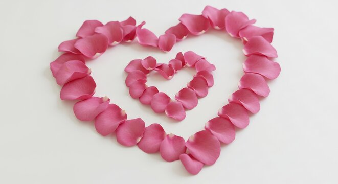 Soft light illuminates delicate pink rose petals artfully arranged in nested hearts.. AI Generated