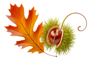 Spiky green chestnut husk cracked open revealing lustrous nut beside vivid orange oak leaf, swirling stem accent, isolated on transparent background, hyper-detailed autumn botanical for seasonal use