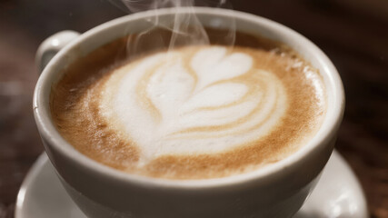 Obraz premium Steaming Cup of Cappuccino with Heart-Shaped Latte Art