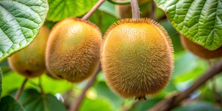 Closeup of ripe kiwi fruits hanging on a tree branch, showcasing their fuzzy texture and vibrant green leaves in a natural outdoor setting