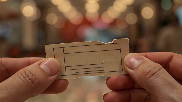 Torn movie ticket stub held by hands in blurred theater background  