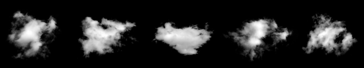 Set of white clouds or smog for design isolated on a black background.	
