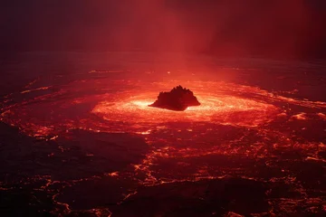 Fototapete Bordeaux Volcanic crater, glowing lava, dark red landscape  © BaniMakrufah