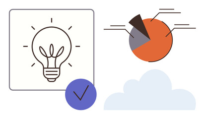 Lightbulb for ideas, pie chart for statistics, check mark for validation, cloud for storage. Ideal for creativity, analytics, data management, innovation, cloud computing problem solving simple