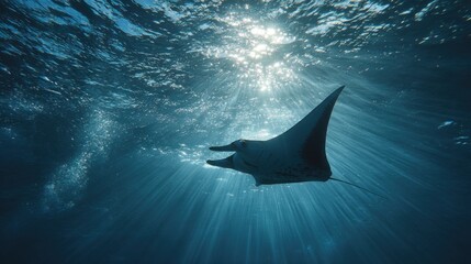 Majestic manta ray in sunlit deep blue ocean