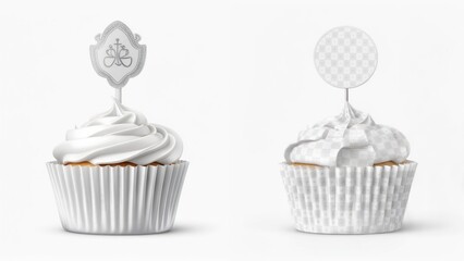 Two white cupcakes with decorative toppers
