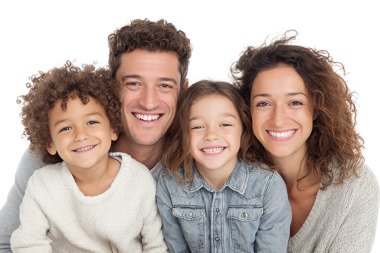 Happy family portrait with two children isolated on transparent background
