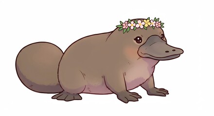Fototapeta premium Adorable Platypus wearing a floral crown sits peacefully under soft light. AI Generated