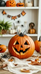 Fototapeta premium Carved pumpkin lantern with halloween garland in background