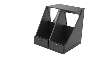 Dark storage organizer with drawers, modern office organization on transparent background