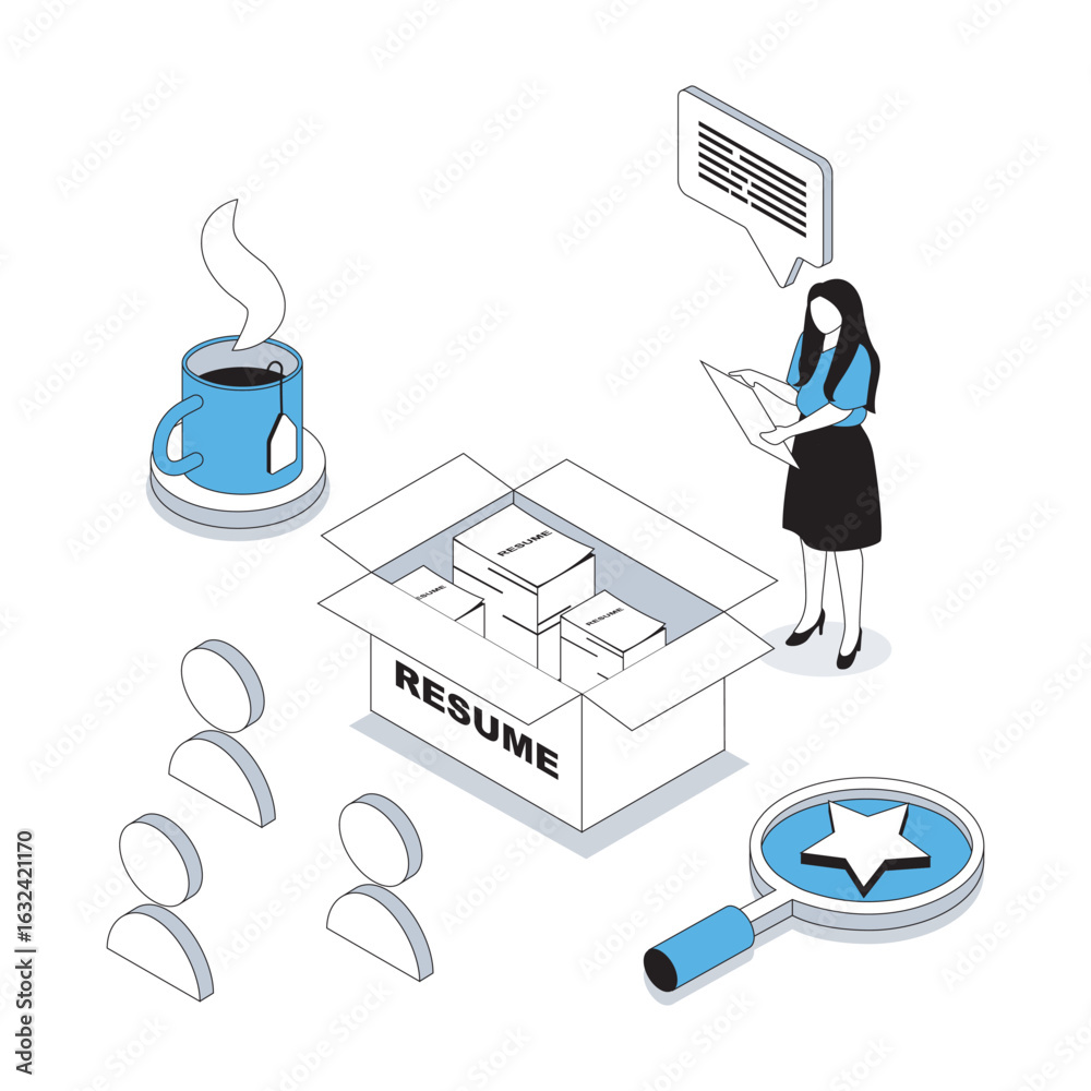 Wall mural hr process 3d isometric concept with isometry people design for web. headhunter looking applicants a