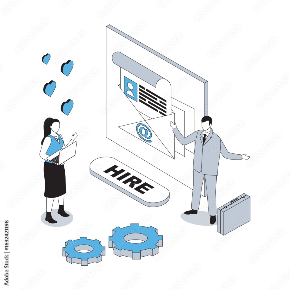 Poster hr process 3d isometric concept with isometry people design for web. candidate gets email with contr