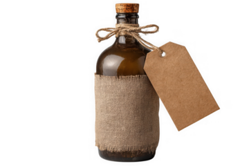 Vintage glass bottle with woven texture and blank tag isolated on transparent background