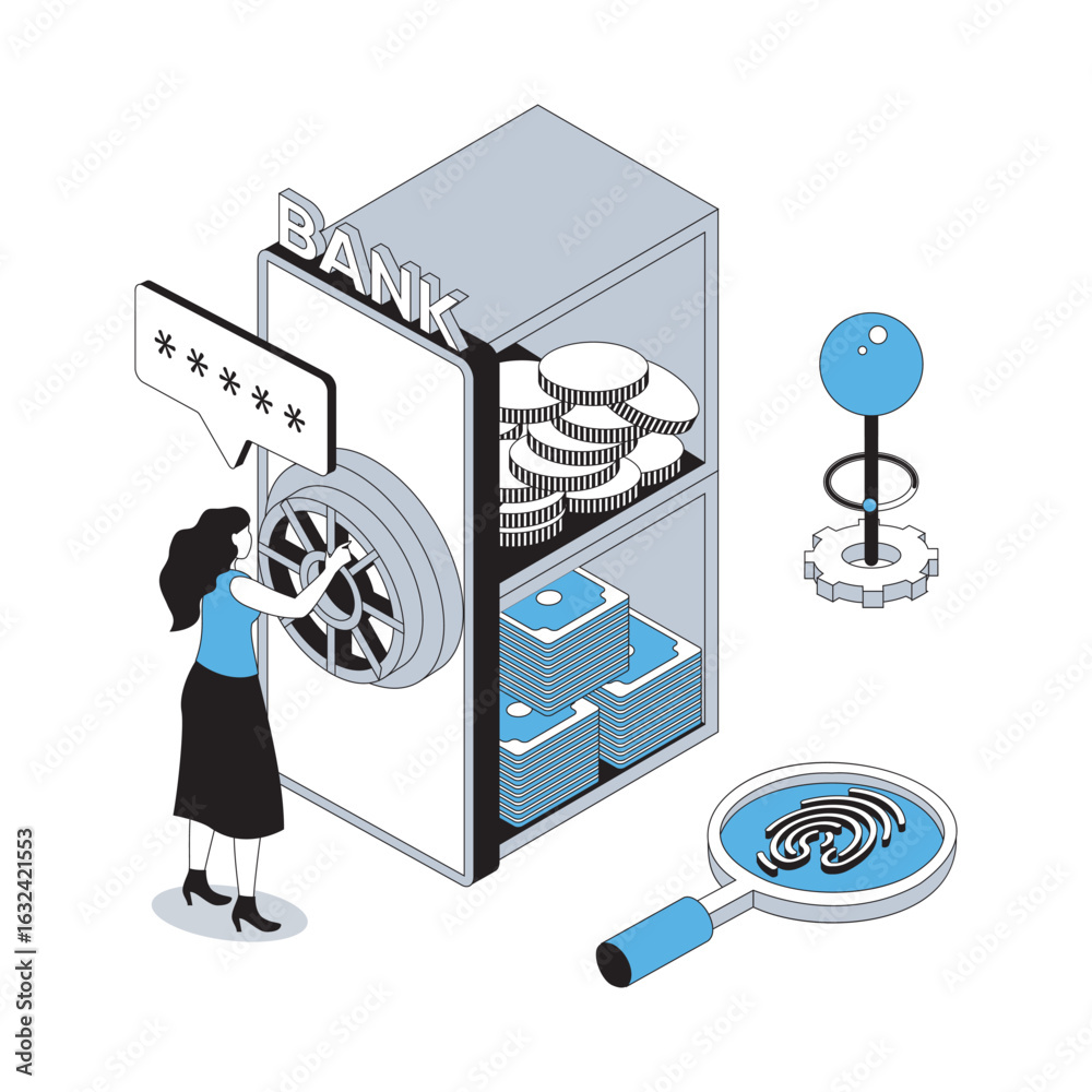 Poster mobile banking 3d isometric concept with isometry people design for web. woman getting access to per