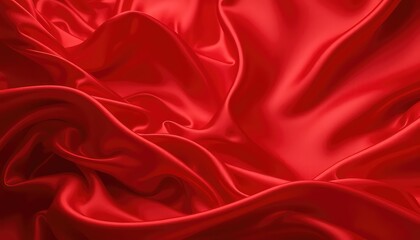 Luxurious scarlet fabric flows gracefully in elegant folds and waves, presenting a refined and captivating abstract design