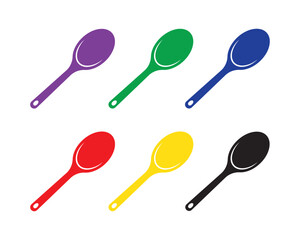 Colorful Spoon Vector Set – Kitchen Utensils in Red, Green, Yellow, Blue, Black, and Purple – Flat Icon Design for Cooking, Food, and Culinary Concepts

