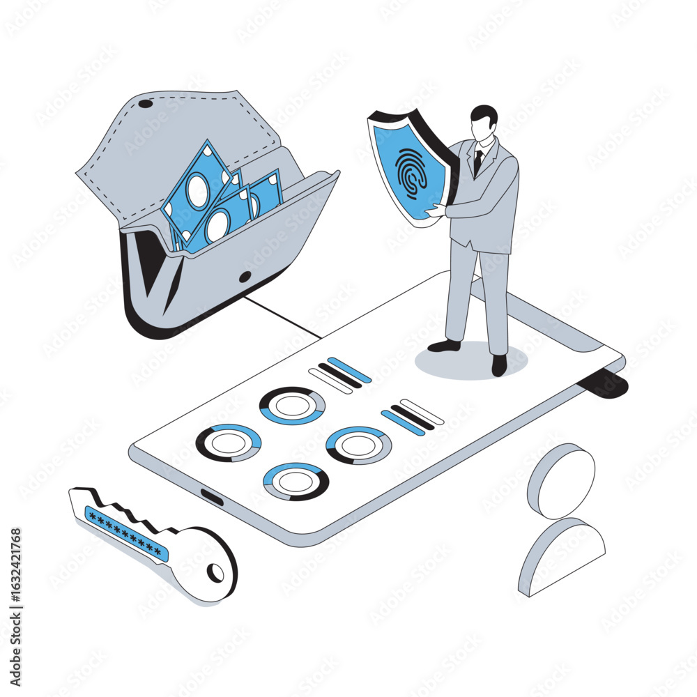 Wall mural mobile banking 3d isometric concept with isometry people design for web. man using secure app for ma