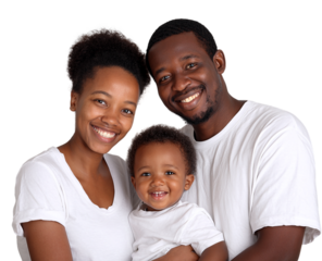 Happy african family portrait isolated on transparent background with parents and son
