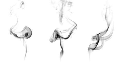 Collection of black steam smoke floating on a white background.