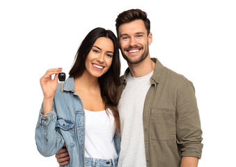 Happy young couple holding a key isolated on transparent background