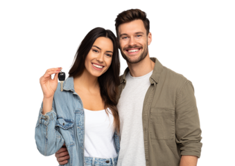 Happy young couple holding a key isolated on transparent background