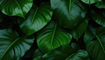 Deep Green Tropical Foliage A Serene and Lush Botanical Background with Vibrant Textures and Elegant Leaf Patterns