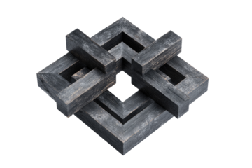 Intricate, dark gray wooden geometric design.  A complex, symmetrical interlocking structure of square wooden forms, creating a multifaceted pattern
