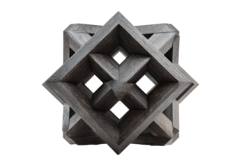 Dark gray wooden geometric object.  Complex, interlocking,  square structure.  Intricate design