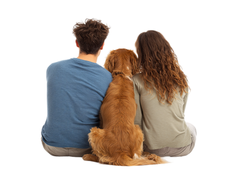 Young couple with their dog sitting together isolated on transparent background