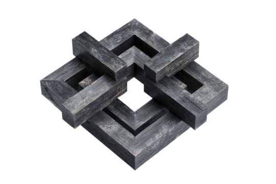 Intricate, dark gray wooden geometric design.  A complex, symmetrical interlocking structure of square wooden forms, creating a multifaceted pattern