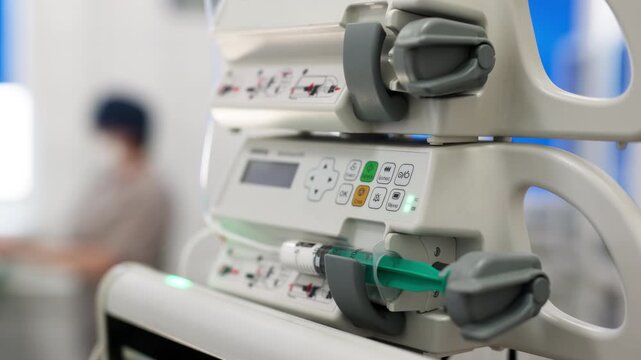 An infusion pump in the operating room, close-up. Concept of utilizing advanced equipment for effective treatment.