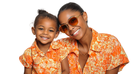 Happy african family portrait isolated on transparent background with mother and daughter