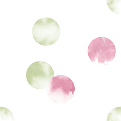 Pink and green circles seamless pattern watercolor illustration. Vintage geometric ornament with watercolor blurry spots. Scandinavian minimalist ornament in delicate girly colors