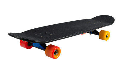 Black skateboard with colorful wheels for recreation and transportation on transparent background