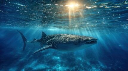 Whale shark in sunlit underwater scene