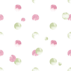 Pink and green circles seamless pattern watercolor illustration. Vintage geometric ornament with watercolor blurry spots. Scandinavian minimalist ornament in delicate girly colors