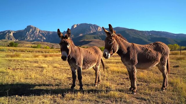 Donkeys in a Scenic Landscape Majestic Mountains in the Background