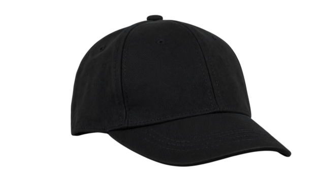 Black cotton baseball cap, casual headwear for sun protection on transparent background