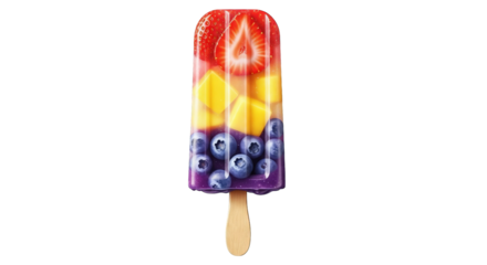 Vibrant popsicle layered with fresh strawberries, mango, and blueberries against black backdrop.