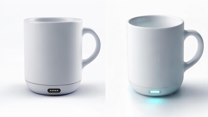 Two white mugs, one with a glowing light base