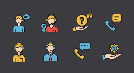 Flat Vector Customer Service Icon Set – Call Center, Support, Help Desk, Communication, and Assistance Symbols in Editable Line Style for Web, App, and Print Design, Modern Minimal Style, Isolated