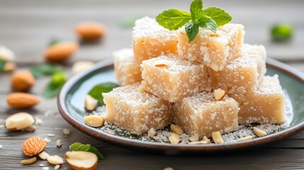 Delicious burfi dessert served on a plate with garnishes and nuts enhancing its sweet flavor and appealing presentation