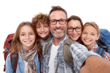Happy family taking selfie with backpacks isolated on transparent background