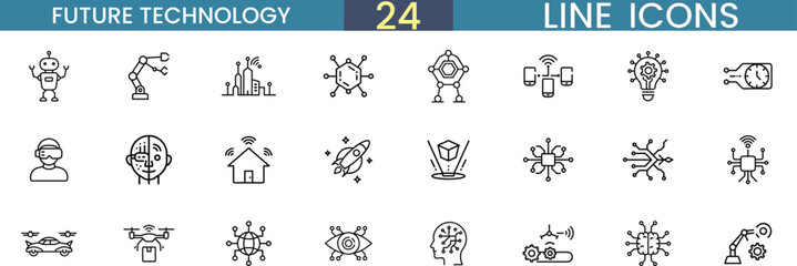 Future Technology Line Icons Set, 24 Minimalist Vector Icons, Innovation, AI, Robotics, Smart Technology