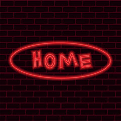 Obraz premium Glowing text with the inscription HOME in an oval frame. Red block brickwork on a background. Vector drawing of a glowing red neon sign.