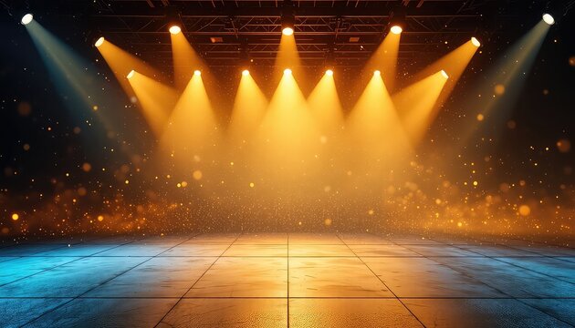Illuminated stage bathed in warm light, creating a captivating atmosphere, perfect for a performance or special event with an elegant tiled surface.
