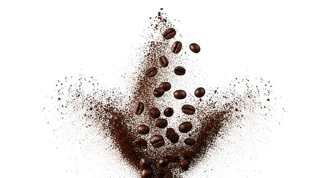 Coffee Beans and Ground Coffee Exploding Isolated on White Background Premium Quality Aroma Fragrance