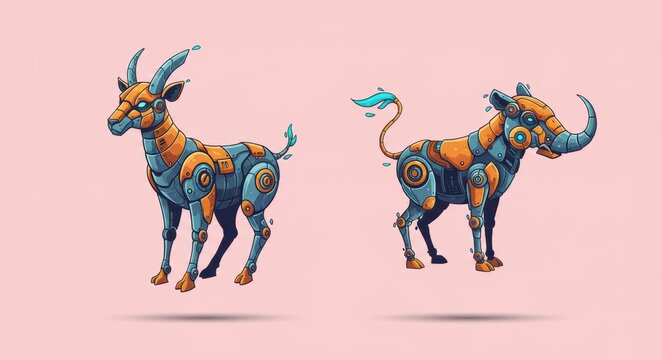 Cybernetic Menagerie: A Robotic Goat and Tapir in Bold Orange and Blue