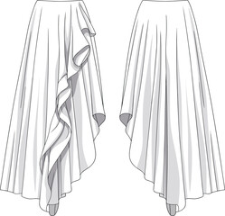 Asymmetrical skirt illustration, front view, ruffled detail, smooth hemline, soft fabric, fashion design, garment sketch, clothing template, elegant style