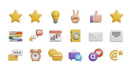 Collection of colorful three dimensional icons for education social media and business communications perfect for website and application development